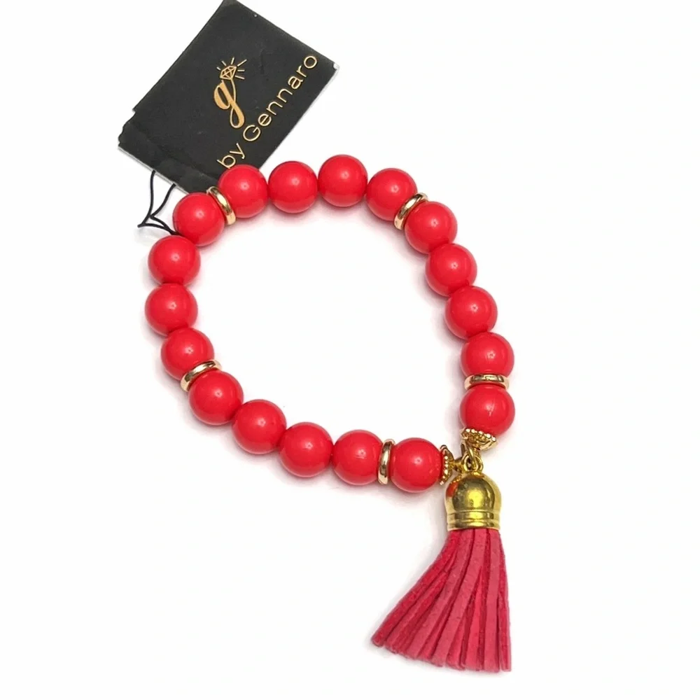Gennaro Beaded Stretch Bracelet with Tassel Coral Red